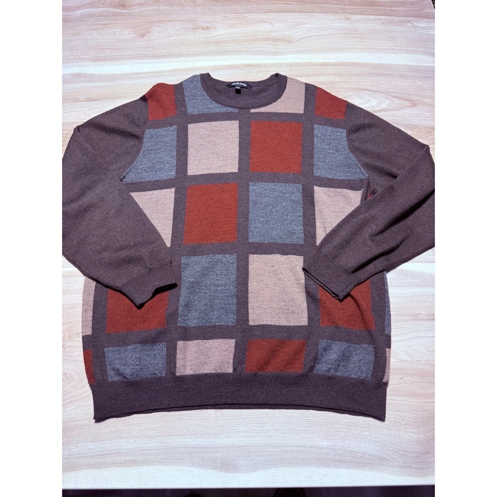 Murano Sweater Mens XL Brown 100% Merino Wool Colorblock Geometric Crew Neck
